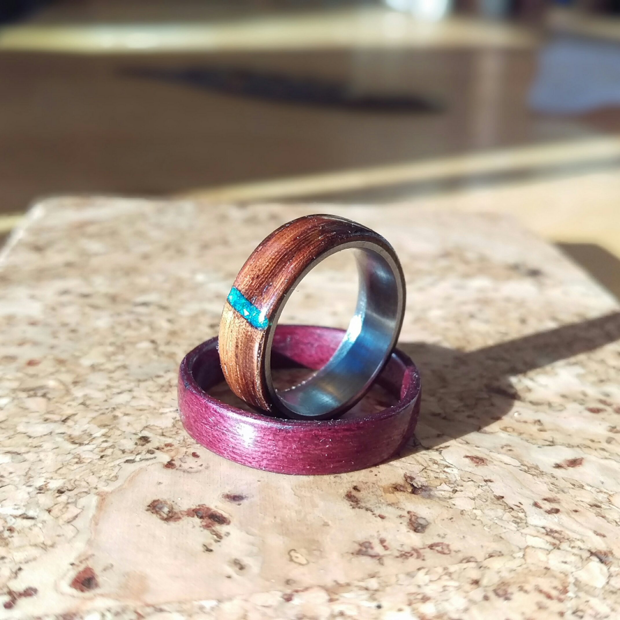 Upright: zebrawood, turquoise, stainless steel | Flat: purpleheart